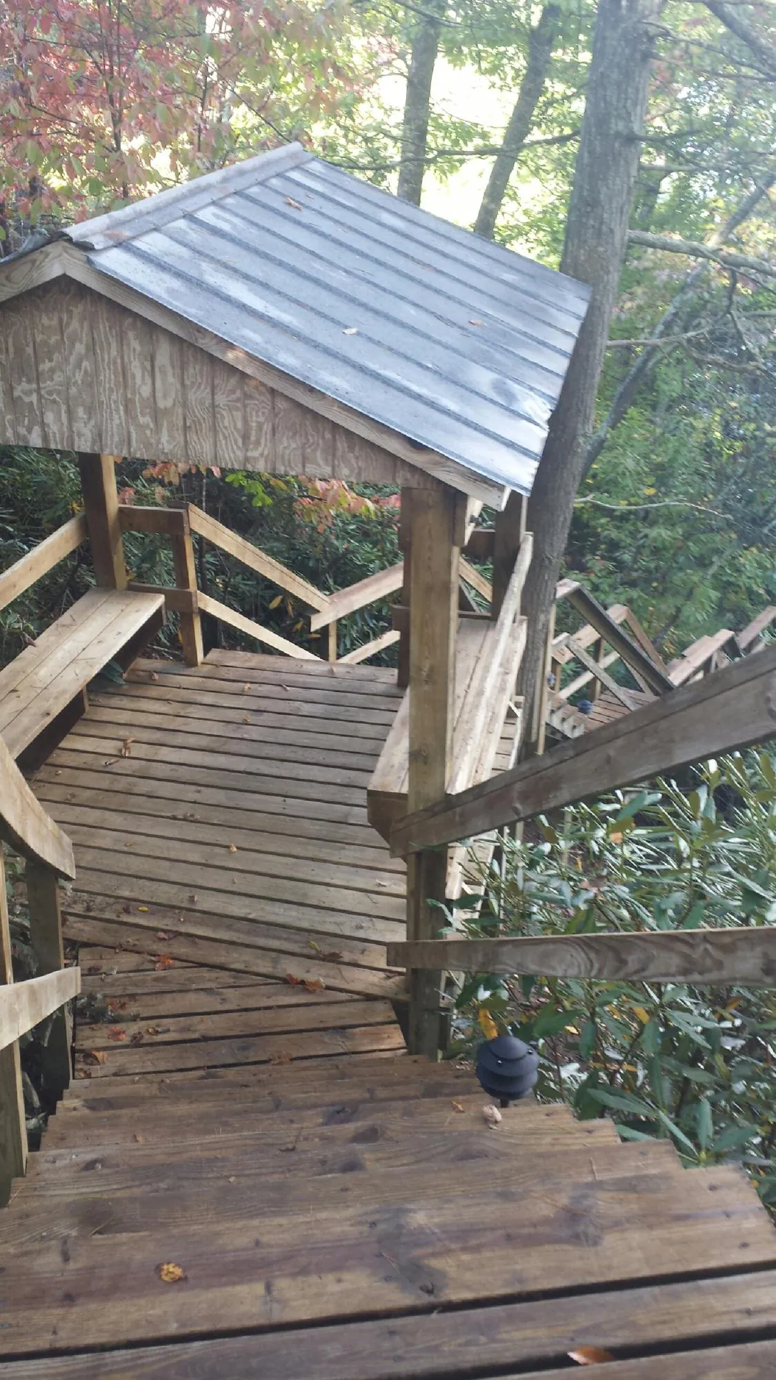 Metal roofed shelter over wooden steps on a wooded walkway — Skylight Repair & Installation work by our crew in Corbett